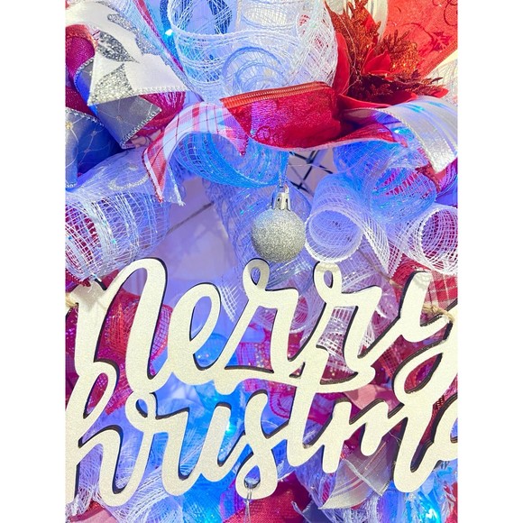 Christmas Poinsettia Holiday Ribbon Door Wreath Handmade 22 ins LED W15 - Picture 8 of 10